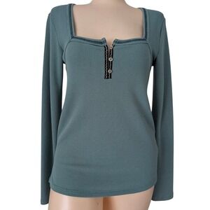 Y2K Thermal Henley Top Women Small Bella Elena Square Neck Preppy Casual Stretch